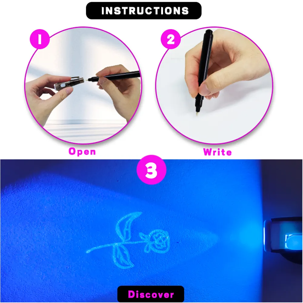 Ücretsiz örnek taktik baskı işık Magic Marker çocuk görünmez UV casus kalem