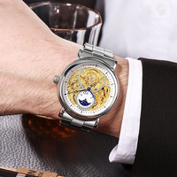 Montre d'affaires mécanique automatique de marque supérieure pour hommes Phase de lune dorée boîtier rond en acier inoxydable dragonne Relogio Masculino