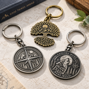 Porte-clés vintage en métal avec boussole, motif arbre et loup, en relief argent et or, fait main, pour l'aventure en plein air, objet de collection - Product Image 1