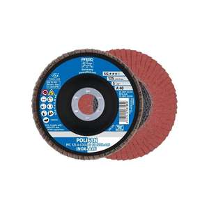 PFERD Disco tipo abanico POLIFAN, SG INOX + ALU, DM, 125mm, granulación, Mancha cónica, con un tamaño de mm. Acero/aluminio. Corindón normal - Product Image 1
