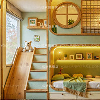 Lit pour enfants minimaliste sur le thème de la forêt verte pour garçons, lit superposé multifonctionnel avec glissière, escalier, rangement, bois massif