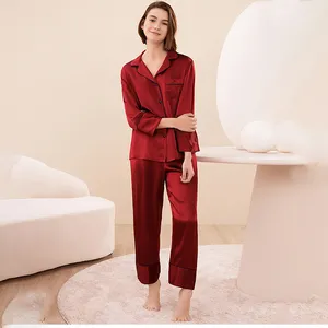 Wanita Baju Tidur Sutra Baru Musim Panas 100% Mulberry Sutra Lengan Panjang 2 Sepotong Set Memakai Rumah Wanita Sutra Piyama