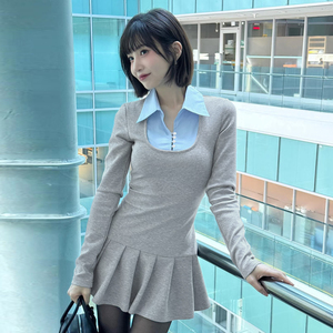 Vestido Mini Plisado con Cuello Color Block Estilo Preppy Coreano para Mujer, Manga Larga, Diseño de Dos Capas, Botones al Frente, Corte Ajustado, Estilo Colegiala - Product Image 1