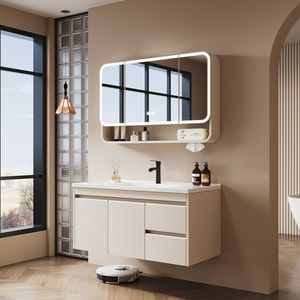 Cream Colored Stainless Steel Bathroom Vanity One-piece Ceramic Basin Cabinet Custom Size Mirror Light Included Baking Paint - Product Image 1