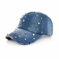 Topi Baseball Denim Berhias Logo Rhinestone, Warna Biru Pudar, Pinggiran Berjumbai, Jahitan Kontras, Gaya Streetwear, Grosir