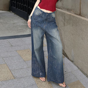 Jeans en denim décontractés à jambe évasée, taille basse, respirants, avec strass scintillants, style Y2K vintage, pour femmes - Product Image 3
