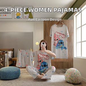 Ensemble de pyjama d'été 4 pièces respirant en tricot à taille élastique pour femme, motif dessin animé style moyen-oriental, idéal pour l'extérieur - Product Image 2