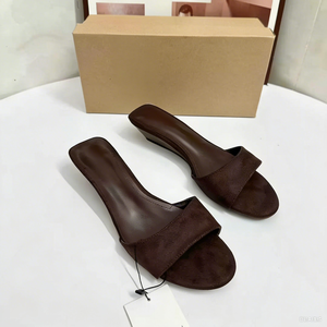 Sandalias de cuña de ante marrón para mujer, elegantes, con punta abierta, tacón bajo, estilo mule, chic, para verano, cómodas, ligeras, para uso diario - Product Image 2