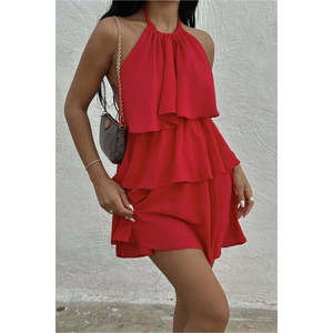 Robe élégante décontractée formelle à volants en géorgette translucide à motif uni Henrika rouge Tailles XS XL 6XL pour les occasions de vacances de jour - Product Image 4