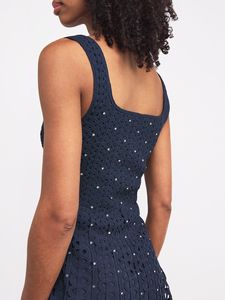Top de punto de ganchillo vintage azul marino liso para mujer, transpirable, con control de abdomen, elegante, casual, cuello cuadrado, sin mangas, ODM Diamonds - Product Image 5