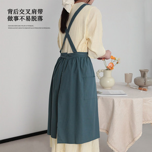 Solid Color Pleated Apron For Women Water Resistant All Cotton Suspender Waistband Daily Use Home Kitchen Coffee Shop - Product Image 4