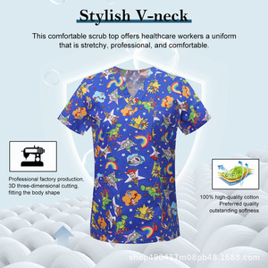 Women's V-Neck <b>Scrub</b> <b>Top</b> 95% Cotton 5% Spandex Elastic Fabric Hospital Uniform Short Sleeve Plus Size - Product Image 4