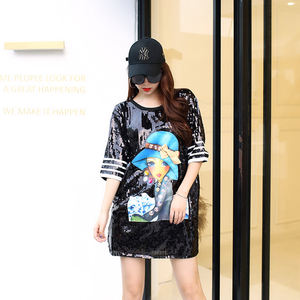 2019 nuovo Nero O Collo <span class=keywords><strong>Paillettes</strong></span> T Della Camicia Delle Ragazze di Modo Delle Donne Top Manica Corta Camicie - Product Image 1