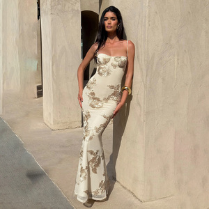 Vestido ajustado francés vintage elegante y romántico con estampado floral 3D, sin espalda, con lazo, de diseñador, elegante y ajustado para mujer - Product Image 1
