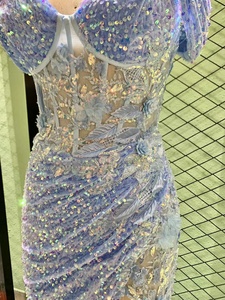 Vestidos de Fiesta de los 80 con Abertura Alta, Corsé Brillante Azul Cielo, Hombros Descubiertos, Plisado, Transparente, Lentejuelas, Terciopelo Bordado - Product Image 5