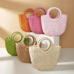 STOCK 6Colors Paper Straw Beach Bag Small Size Beach Shoulder Bag Straw Bag