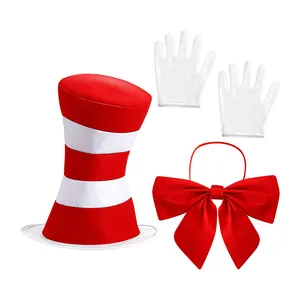 Navidad Halloween traje accesorio rojo sombrero blanco lazo blanco guantes de Dr. Seuss el gato en el sombrero