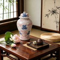 Pot en céramique sous glaçure rose, bleu et blanc, à motif floral, avec couvercle, style chinois, pour rangement et décoration intérieure