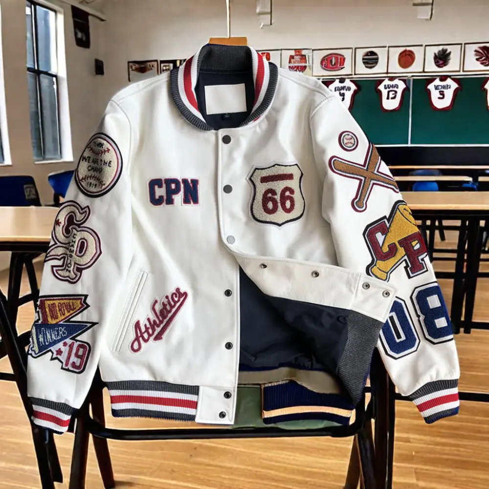 Chaqueta Bombers de béisbol con logotipo personalizado Chaqueta universitaria Letterman bordada con parches de chenilla negra