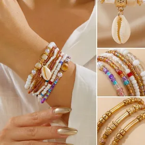 Summer Boho Cowrie Bracelet <b>Set</b> Multilayer Colorful Rice Beads Stretch <b>Bangles</b> Bracelet for Women Beach Vacation Jewelry - Product Image 4