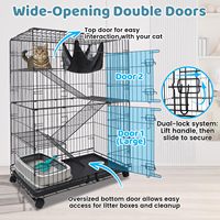 Cage pour chat simple en fil métallique noir épais avec portes à double accès, hamac suspendu, étagères multi-niveaux, échelle d'escalade et roulettes