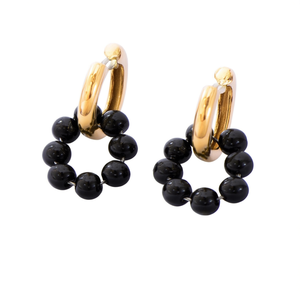 Pendientes de Moda de Doble Aro, Acero Inoxidable, Cuentas Negras, Aros Dorados, Joyería Unisex de Tendencia - Product Image 2