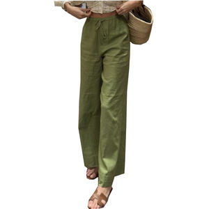 Leggings à cordon en lin vert foncé pour femmes, coupe ample, logo long, décoration classique, plat XL, respirant et décontracté, dernière tendance - Product Image 3