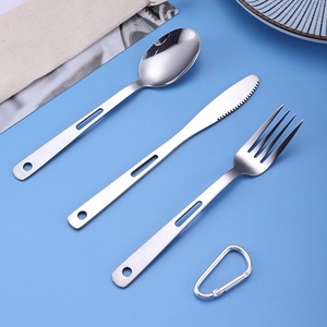 Juego de cubiertos de acero inoxidable para acampada y exteriores, cuchillo portátil, tenedor, cuchara, Occidental, con anillo - Product Image 1
