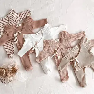 Setelan baju monyet bayi perempuan, piyama katun Murni 2 potong celana kaki balita Set Lace-up rajut bayi baru lahir musim dingin