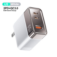 Adaptor Perjalanan Tahan Api PD QC3.0 65W untuk Ponsel, Tablet, Laptop dengan 2 Port Tipe-C dan 1 Port USB
