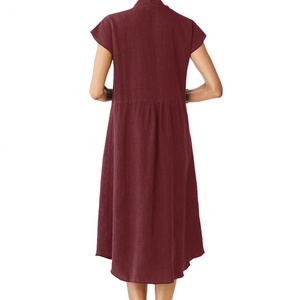 Vestidos Midi de Algodón y Lino para Mujer, al por Mayor, Personalizados, OEM, de Alta Calidad, con Cuello Alto, Bolsillos y Cierre de Botón - Product Image 6
