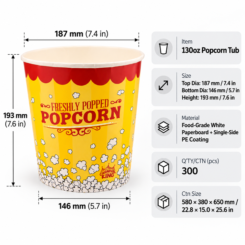 Custom Logo Disposable Paper Popcorn Bucket 130oz Food Grade Oil Proof ...