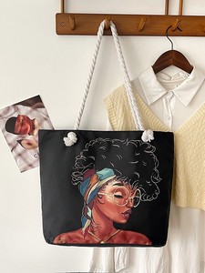 Sac fourre-tout classique rétro en toile pour femme, <span class=keywords><strong>grande</strong></span> capacité, doublure en polyester, imprimé dessin animé, fermeture éclair, sac pratique et polyvalent - Product Image 3