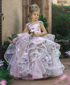 Vestido de niña de las flores de tul con bordado de encaje y espalda con abertura, vestido de fiesta para niños, vestido de cumpleaños de alta costura - Product Image 1