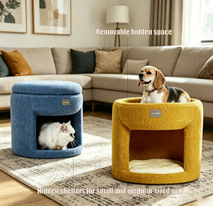 Tabouret de rangement multifonctionnel en laine unie personnalisé pour humains et animaux domestiques, lit-caverne moderne amovible et lavable de luxe pour chiens et chats - Product Image 2