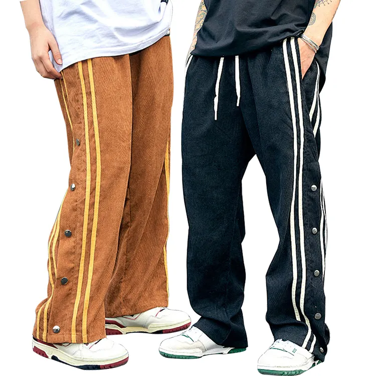 Custom Fashion Men's Sweatpants Side Striped Button Design 3 Colors Oversized Retro Corduroy Pants For Men