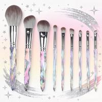 Ensemble de 9 pinceaux de maquillage professionnels de luxe, manche transparent arc-en-ciel brillant, fibres synthétiques sans cruauté, outils de beauté OEM