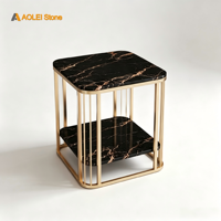 Table d'appoint à deux niveaux en marbre Nero Marquina de luxe avec cadre en métal noir minimaliste, meubles de salon écologiques et durables
