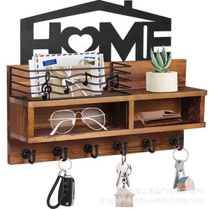 Wooden Wall-Mounted Key <b>Rack</b> With Hooks And <b>Shelf</b> For Home Entryway Storage Organization - Product Image 2