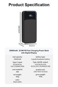 Portable 20000mAh Li-<b>Polymer</b> Battery Power Bank with Digital Display 22.5W PD Fast Charging for Outdoor Use - Product Image 5