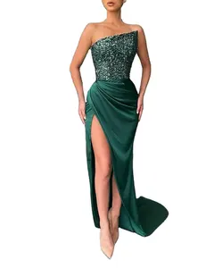 Robes formelles longues vert foncé sans bretelles, paillettes, fente haute, robes sexy pour femmes, nouveauté 2024