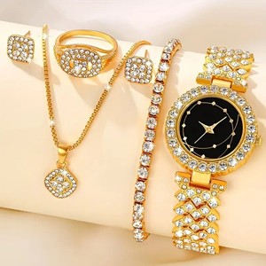 Ensemble cadeau de <span class=keywords><strong>montre</strong></span> et de bijoux plaqués <span class=keywords><strong>or</strong></span> tendance avec boîte pour femmes, collier/boucles d'oreilles/bague/bracelet en zircon serti de pierres, 5 pièces - Product Image 2