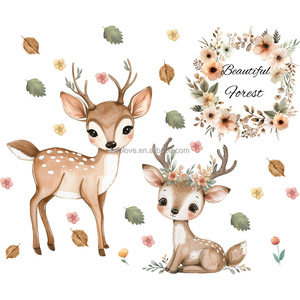 Guirlande d'élans en aquarelle mignonne, autocollant mural de dessin animé, décoration de chambre d'enfant, salon, papier peint, autocollants autocollants - Product Image 2