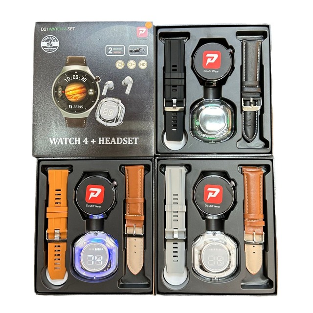 High Quality Fashion Gift D21 Smart Watch Set Double Strap Waterproof Round Smart Watch With TWS Earphones Earbuds for Men