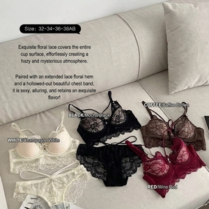 Conjunto de Lencería con Sujetador Minimizador Estilo Francés para Mujer, con Aros Suaves, Antideslizante, de Encaje Ultrafino, Push-Up, Sexy, Dulce y Transpirable - Product Image 1
