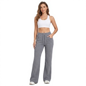 Pantalones de Mujer de Cintura Alta y Pierna Ancha, Color Sólido, Tejido de Algodón y Spandex, con Cordón Ajustable, Corte Holgado, Largos, Color Gris, Bangladesh - Product Image 1
