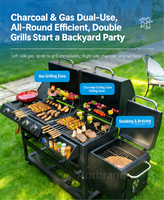 Barbecue d'extérieur à quatre brûleurs au gaz et au charbon de bois en fonte, avec fumoir latéral et finition revêtue, idéal pour les réunions de famille