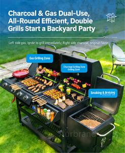 <span class=keywords><strong>Barbecue</strong></span> pliable à gaz et <span class=keywords><strong>charbon</strong></span> de bois à quatre brûleurs en <span class=keywords><strong>fonte</strong></span> avec fumoir latéral et finition enduite pour les rassemblements familiaux et les barbecues personnalisés - Product Image 2