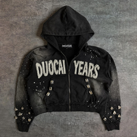 DCY Sweat à capuche zippé vert effet vieilli avec strass personnalisés, Marque privée