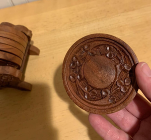 Rustic Wooden <b>Drink</b> <b>Coasters</b> Boho Inspired Set Of Six With Detailed Carved Designs And Handy Storage Box From India - Product Image 1